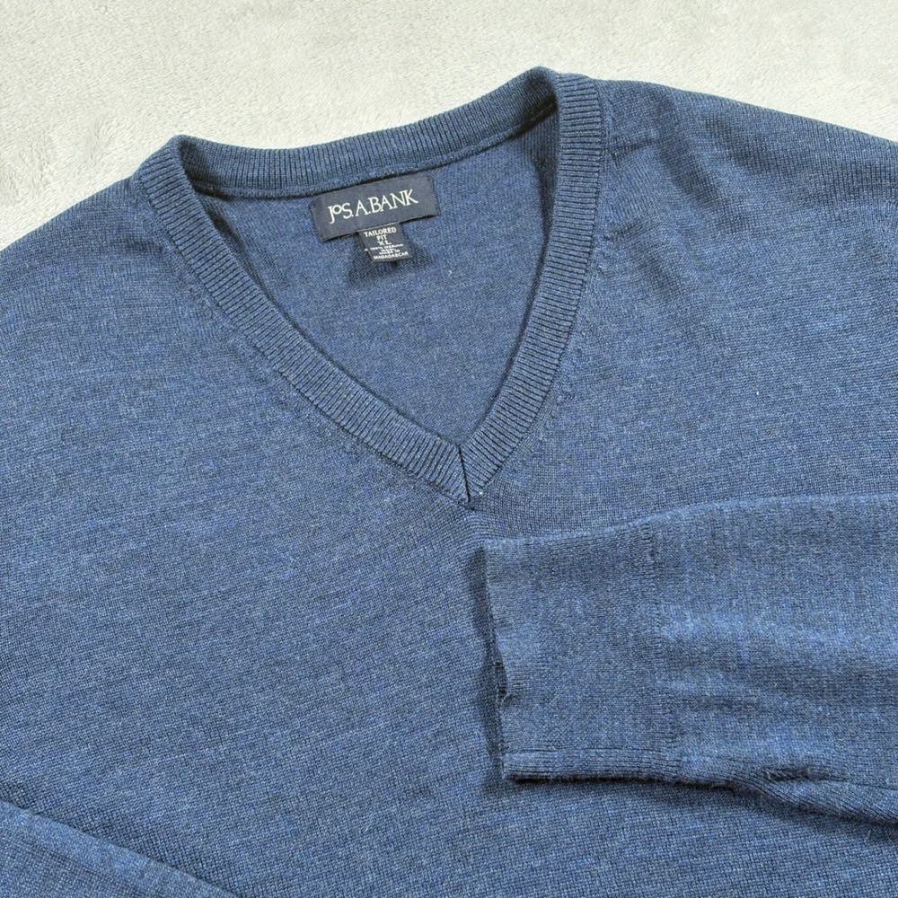 Jos. A. Bank Mens XL Blue Merino Wool V-Neck Tailored Fit Sweater Heathered